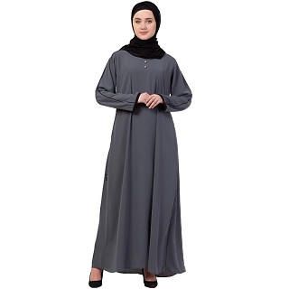 A-line abaya with piping at sleeves-Grey-black